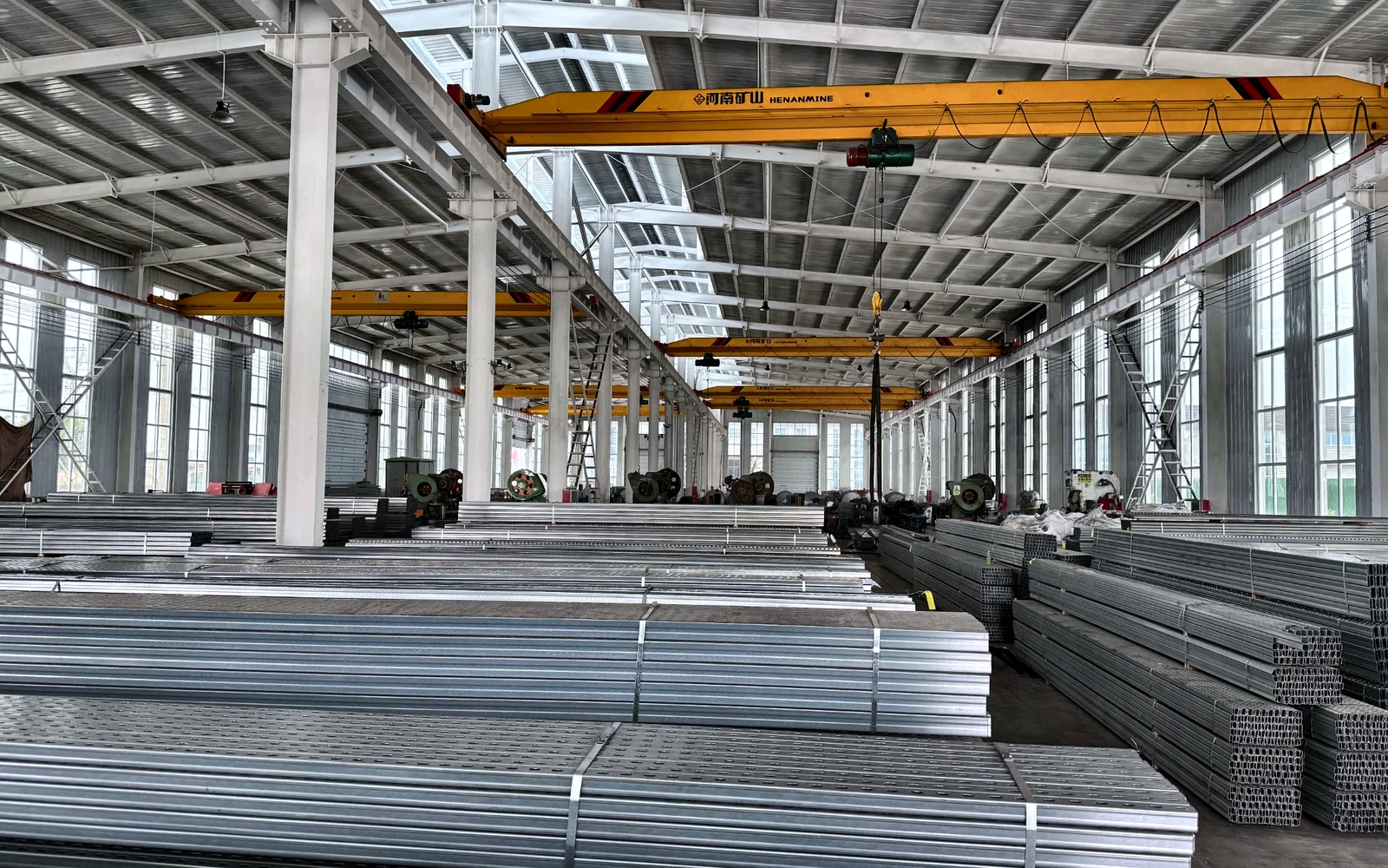 Finished solar mounting channels stored inside the KAZIK factory